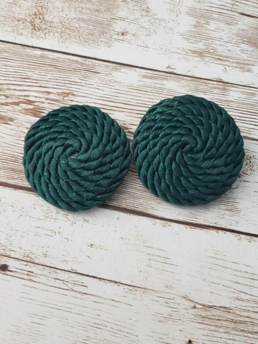 Vintage Clip On Earrings Dark Green Wrapped Circle 1.5" Statement